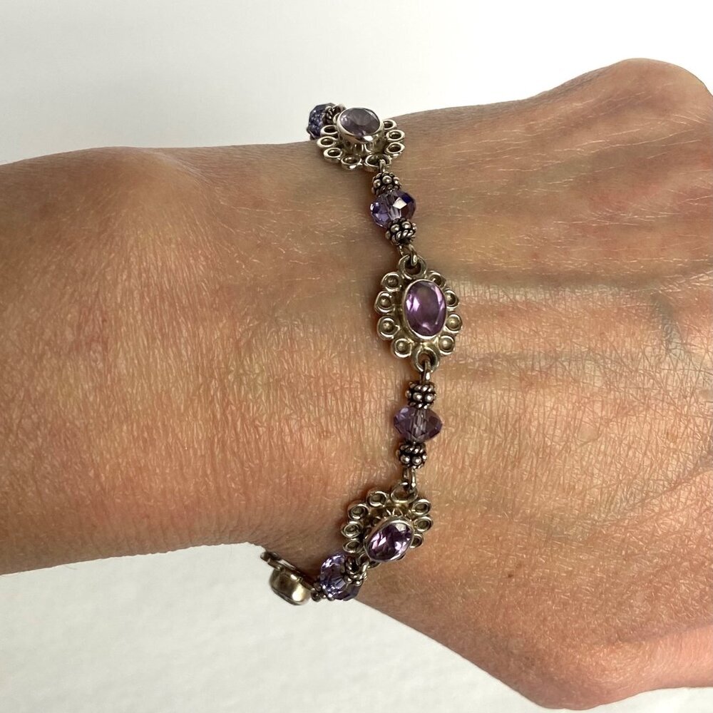 Sterling Silver 925 Oval Amethyst Floral Flower Link Beaded Bracelet 7"